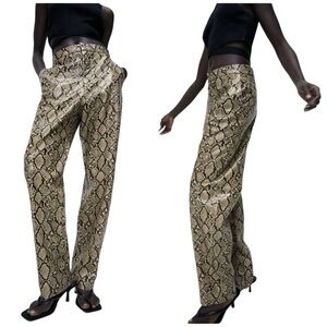 Zara High Rise Snakeskin Animal Print Faux Leather Straight Leg Trousers Pants